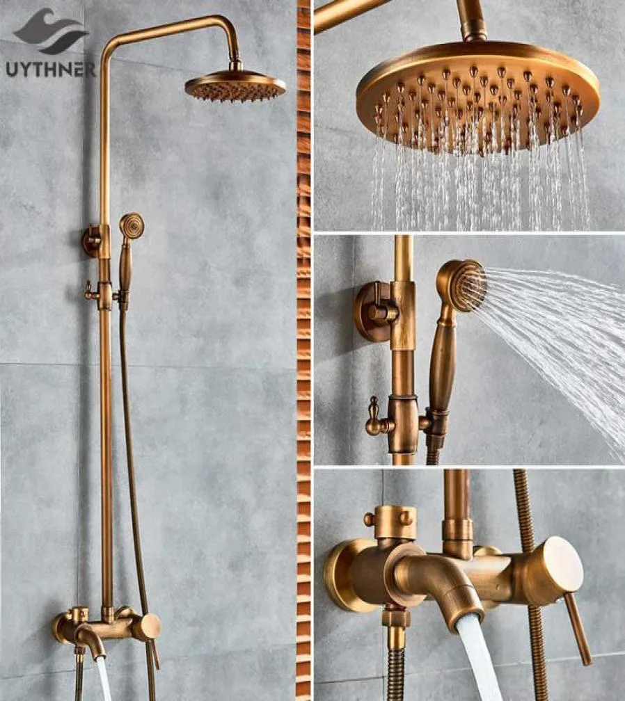 Antique Brass Bathroom Shower Set Faucet Bath Shower Mixer Tap 8quot Rainfall head Bath Shower Set Bathtub Faucet Wall Mounted T7897085