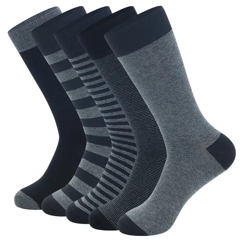 5 пар больших размеров, модные деловые мужские классические носки высокого качества в полоску, черные, серые, из чистого хлопка, EU4148 240112