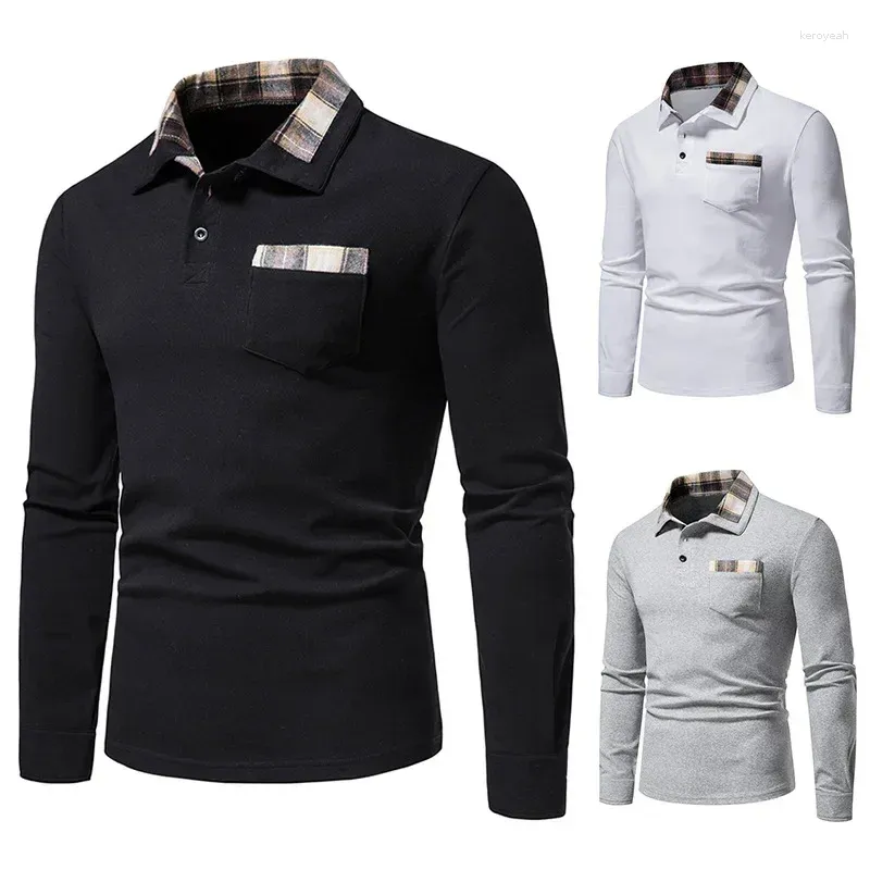 Herren Polos Frühling und Herbst Lässiges Langarm-Poloshirt mit kariertem Kragen und großem Hals-T-Shirt