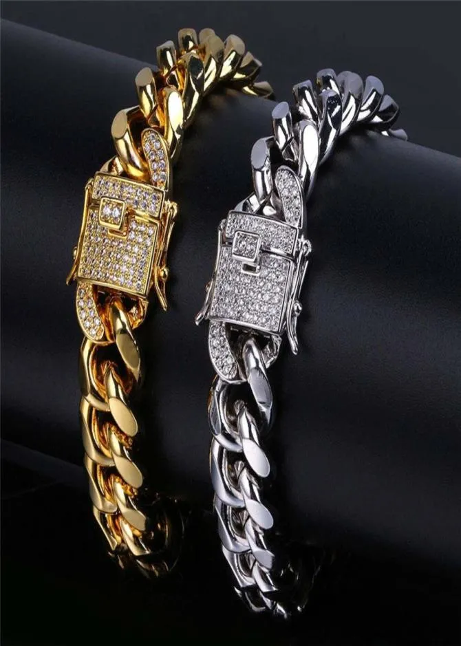 Bracelet en or classique Designer chaîne à maillons cubains bracelet pour hommes Bracelets en argent Bijoux 12mm Cuivre Blanc AAA Zircon Cubique Charme 4866415