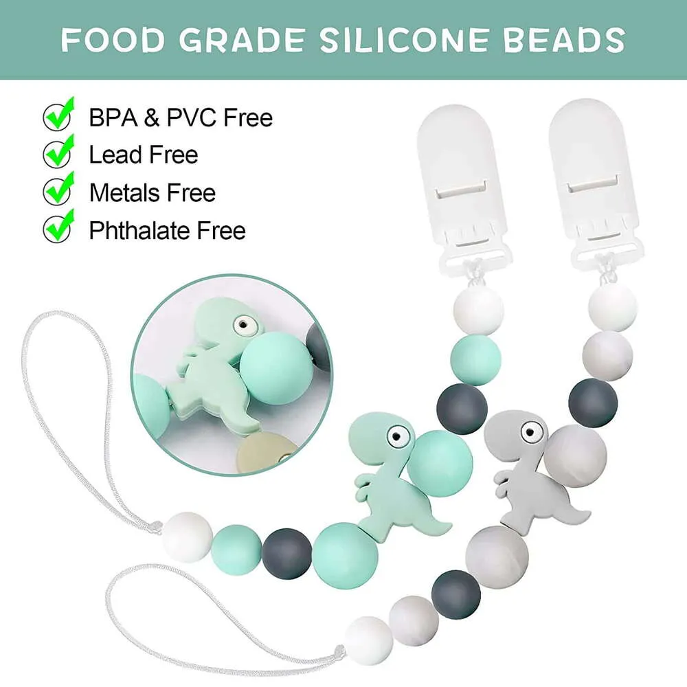 Clipes suporte de chupeta de silicone universal de qualidade alimentar para meninas brinquedos de dentição 2 pacotes verde + cinza