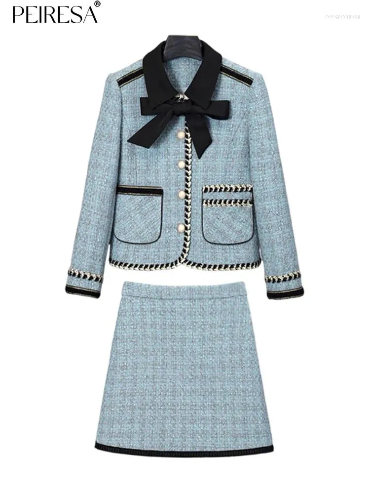 Work Dresses PEIRESA 2024 Autumn Winter In Tweed Skirt 2 Piece Sets Women Outfit Color Block Bow Lapel Short Jacket Coat Mini