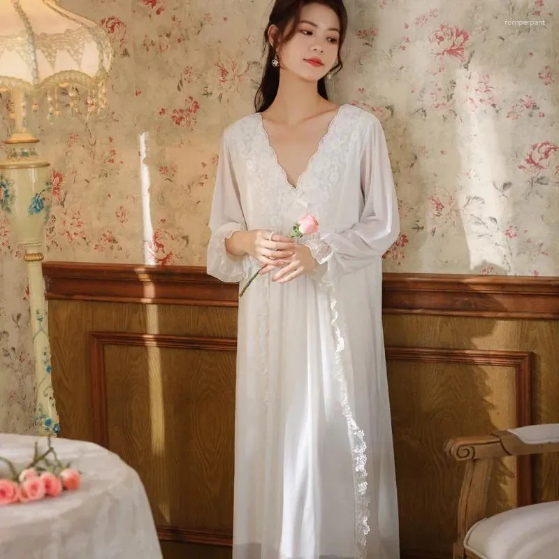 Women's Sleepwear Long Sleeve Mesh Nightgown Women Vintage Court V-neck Night Dress Sexy Lace Princess Nightwears Loose Home Dresses