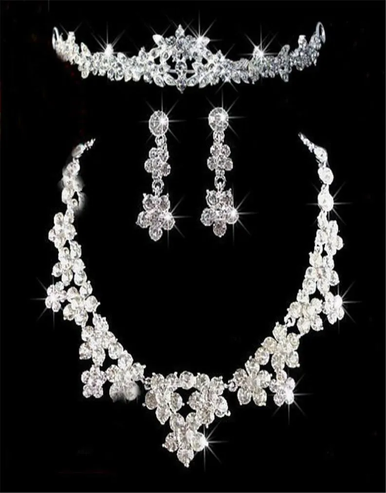 Romantic Crystal Three Pieces Jewelry Sets Flowers Bridal Jewelry Set Bride Necklace Earring Crown Tiaras Wedding Party Accessorie2743353