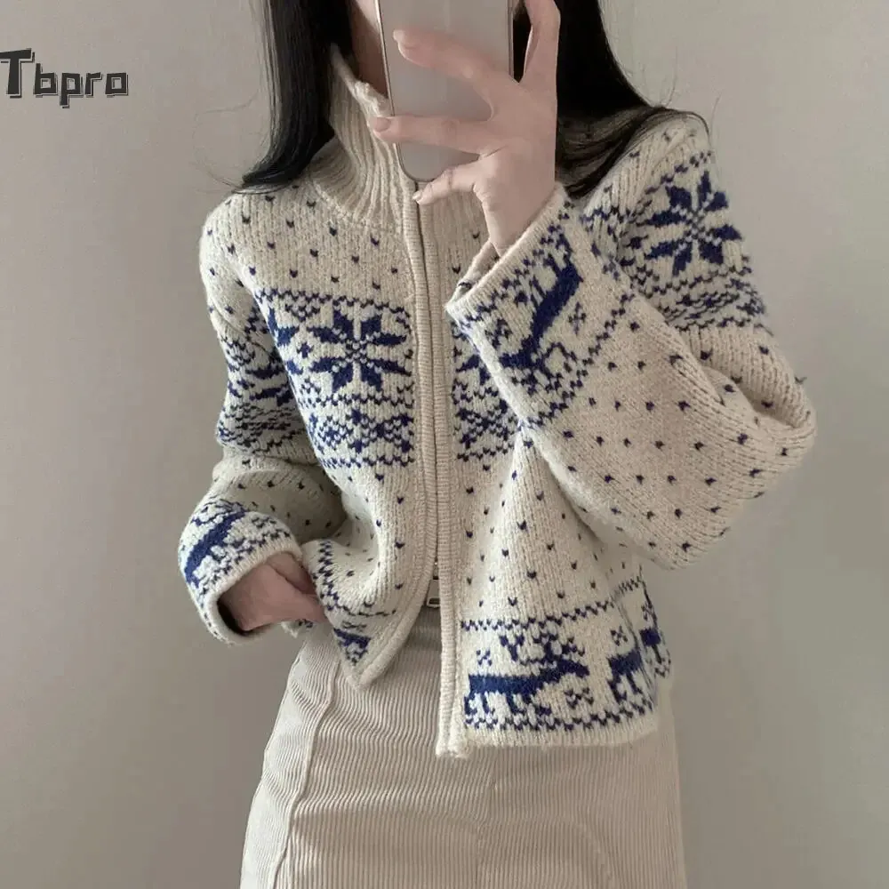 Chic Snowflake Zip-up tröja kappa koreansk stil jul söt turtleneck sweatesr vinter kvinnor mode gata ytterkläder 240112