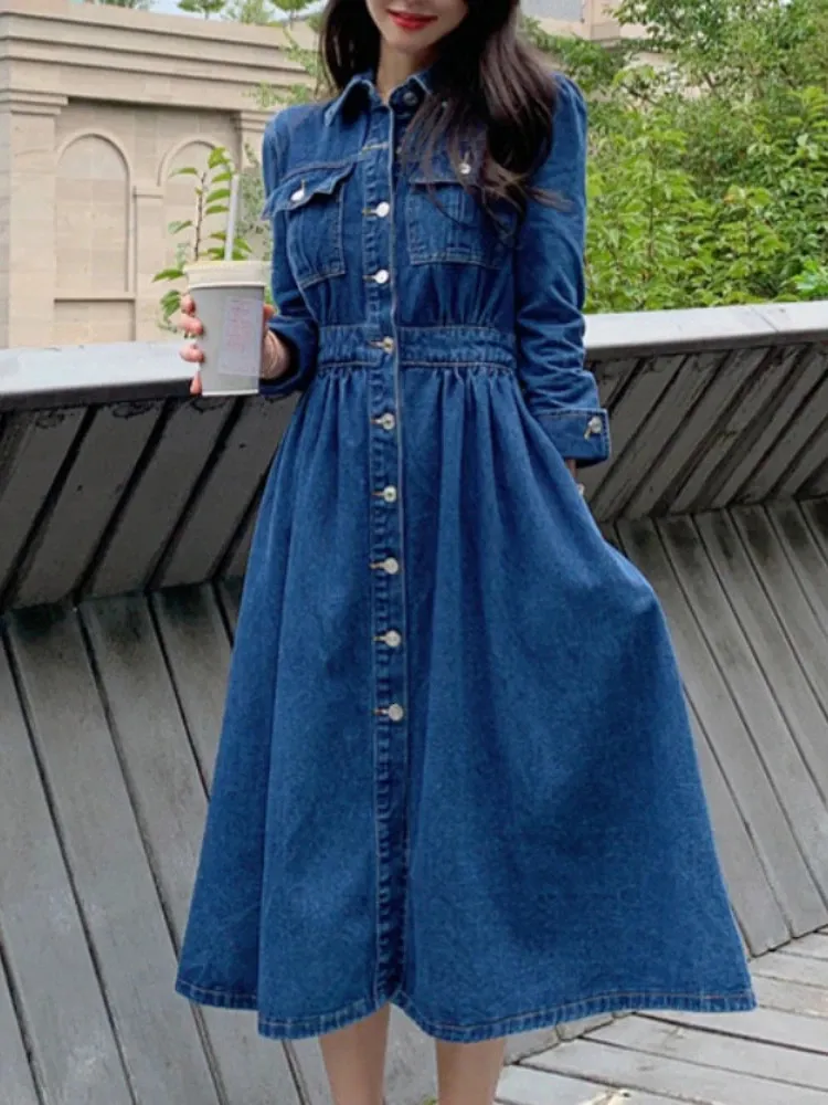 Dress Women Spring Autumn Korean Fashion Vintage Pockets Denim Aline Long Sleeve Top Single Breasted Lady Clothing 240111