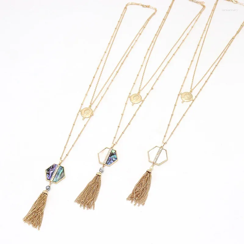 Pendant Necklaces Fashion Square Hexagon Abalone Shell Metal Tassels Long Chain Sweater Necklace Geometric Body Jewelry