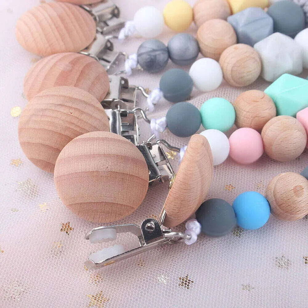 Baby Pacifier Clip Chain Holder Teething Beads Wooden Silicone