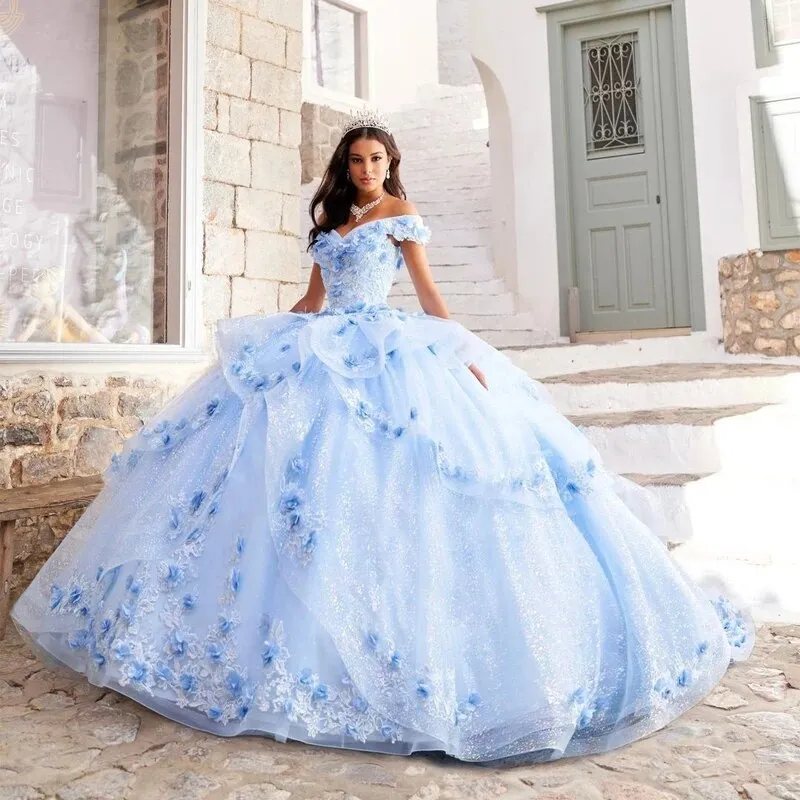 Açık mavi balo elbisesi quinceanera elbiseler 3d çiçek aplikeler boncuklu vestido de 15 anos tatlı 16 prenses doğum günü elbisesi