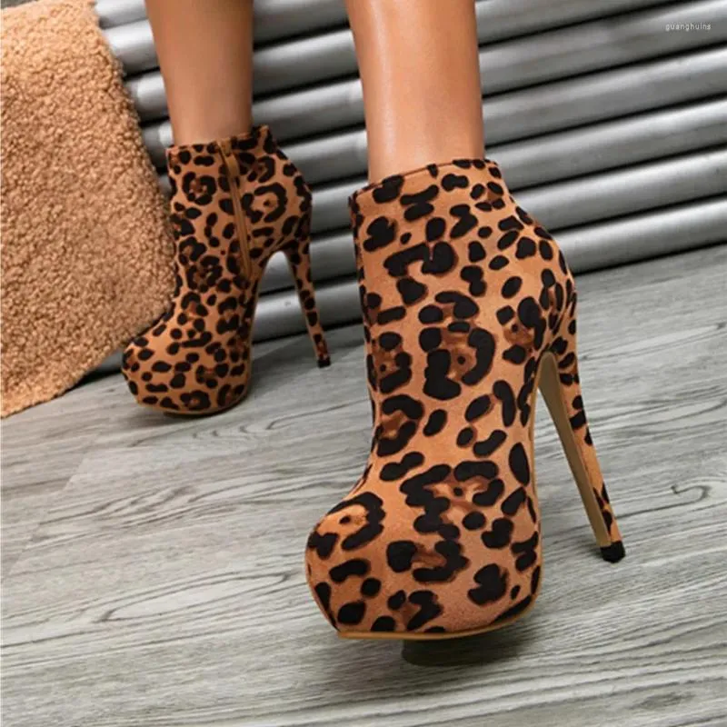 Stiefel Plus Größe 35-46 Sexy Leopard Muster Frauen Knöchel Runde Kappe Zipper Super High Heels 2024 Herbst Weibliche plattform Party Schuhe