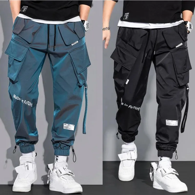 Mince Streetwear pantalons décontractés hommes rubans Harem pantalon de Jogging mâle Slim Fit printemps Cargo pantalon multi-poches femmes pantalon K12 240111