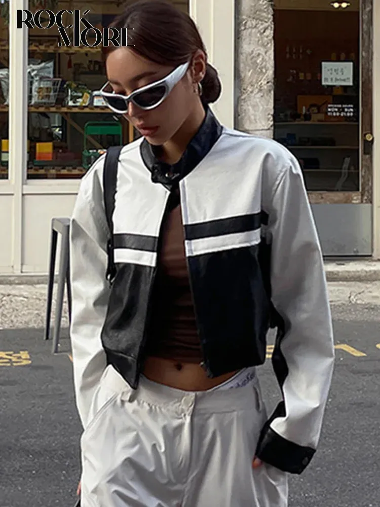 Rockmore Pu Leather Jackets Streetwearブラックホワイトコントラスト秋のファッショントリミングコート女性用Y2Kカジュアルジッパーアウター240112