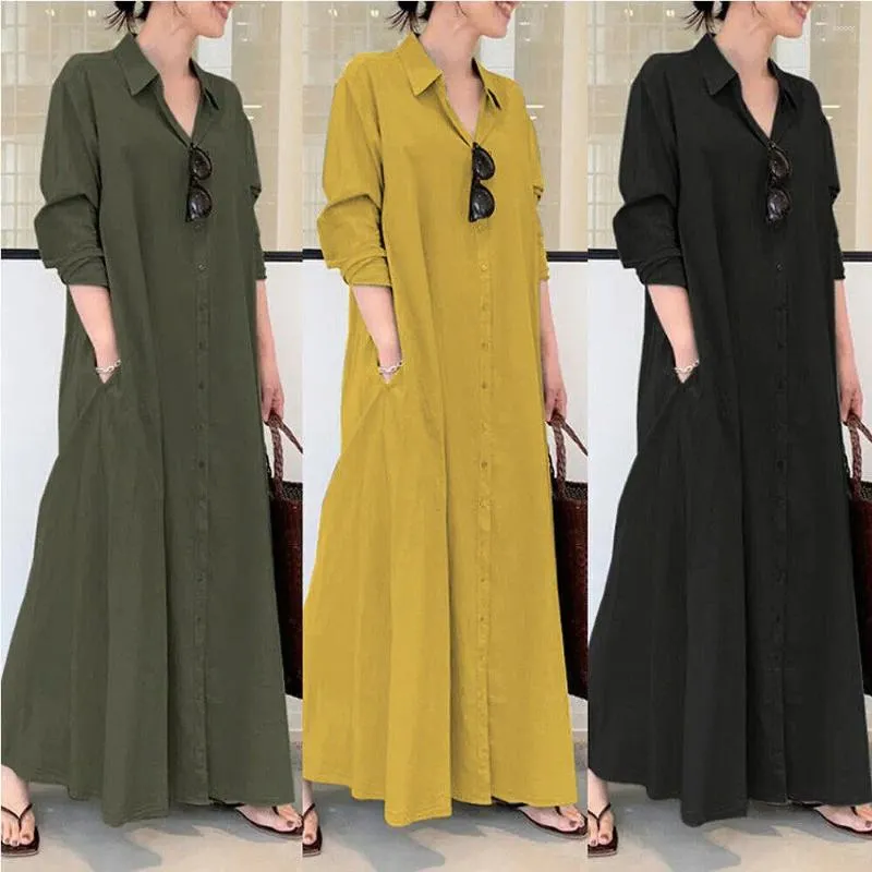 Abiti casual da donna larghi taglie forti in cotone e lino manica lunga monopetto caftano maxi abito camicia abiti streetwear