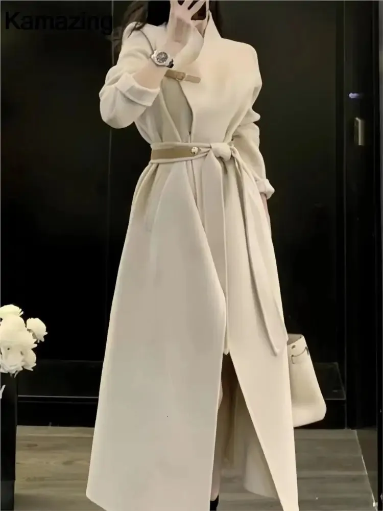 Manteau en laine long élégant pour femmes avec ceinture d'automne mode hiver solide manches longues manteau décontracté pour femmes à la mode de haute qualité 240112