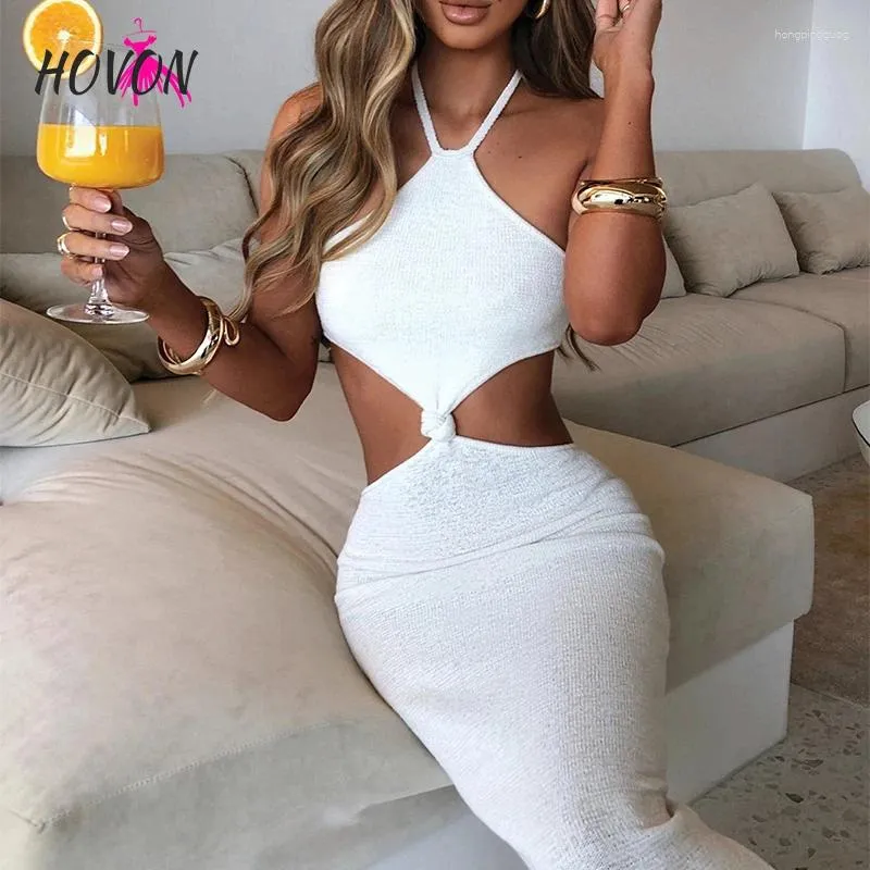 Casual Kleider HOVON Halter Gestrickte Ausschnitt Sexy Sommer Maxi Kleid Frauen Elegante Knoten Krawatte Backless Bodycon Lange Party Nacht Club tragen