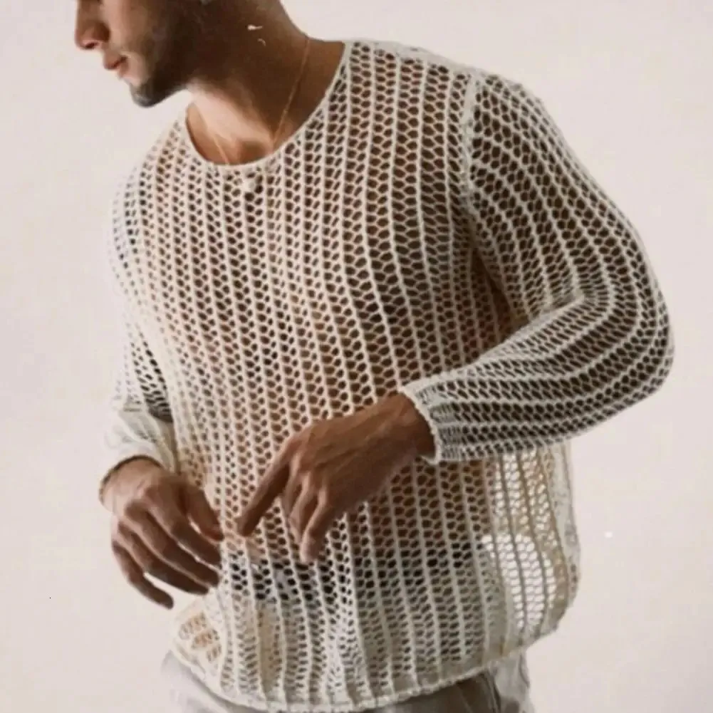 Knit siatka Top Men Transpare Sexy See Through Men Tree Tee Streetwear Męskie odzież Męska odzież.