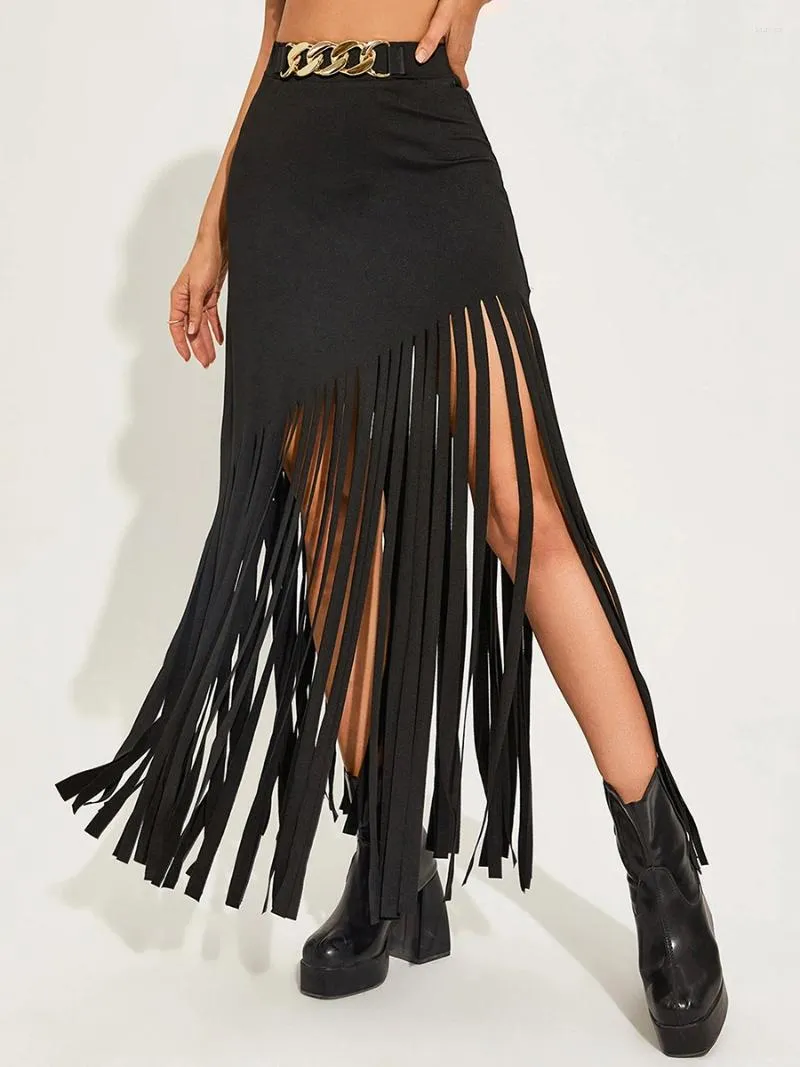 Saias Edhomenn Mulheres Y2k Tassel Saia Elegante Fringe Midi Elegante Cintura Alta Longa Streetwear