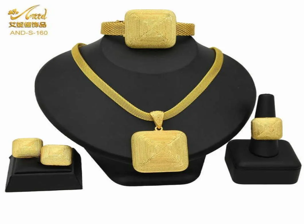 African Gold Plated Jewelry Set For Women 24K Indian Bridal Wedding Big Pendants Necklace Earrings Bracelet Ring Dubai Jewellery H4431881