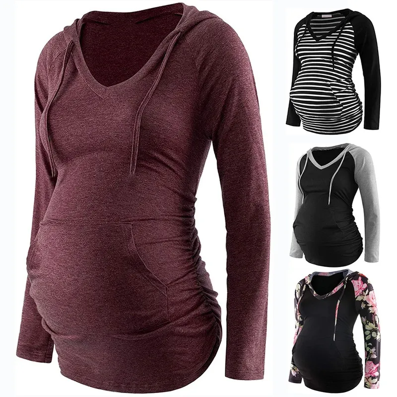 Femmes Maternité Sweats à capuche rayé imprimé à manches longues Vneck Sweat à capuche Top Maman Enceinte Allaitement Automne et hiver Vêtements 240111