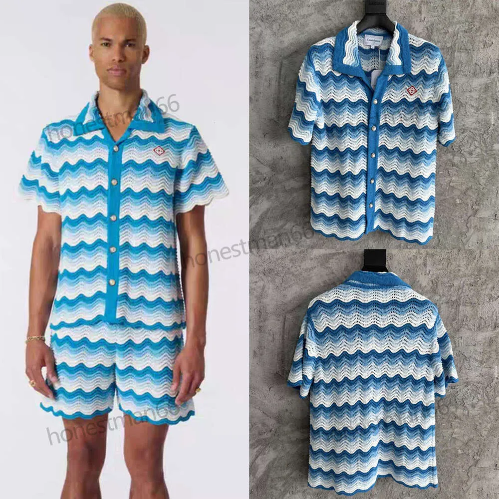 24SS Casablanca Designer Sweaters Nouveau bouton perle CASABLANC vague bleue crochet tricoté hommes et femmes même chemise à manches courtes haut de mode