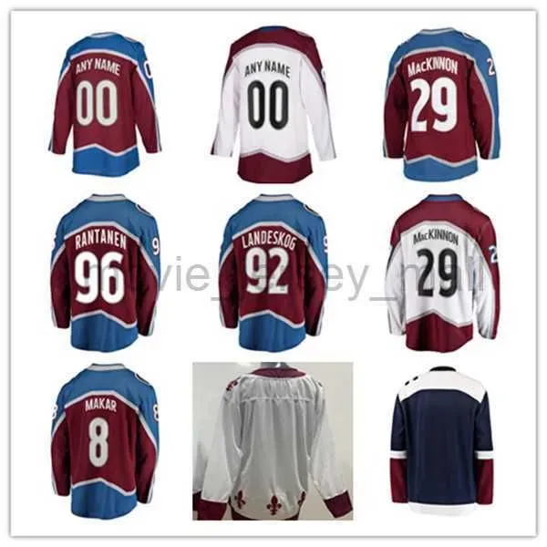 Maglie da hockey PERSONALIZZATE Nathan Mackinnon 29 Mikko Rantanen 96 Gabriel Landeskog 92 Cale Makar 8 Jesrey Borgogna Bianco Colore blu scuro con Coppa 2022