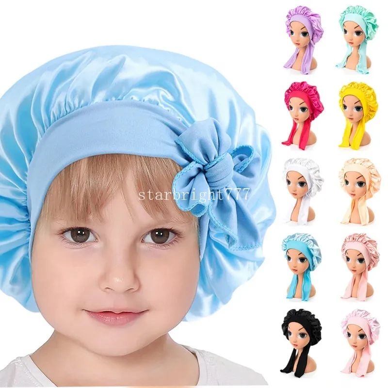 Satin-Mütze für Mädchen, zum Schlafen, Seide, Kopfbedeckung, Band, Schleife, solide Kinder, Schleife, Schlummertrunk, Fliege, Turban-Mütze zum Schlafen