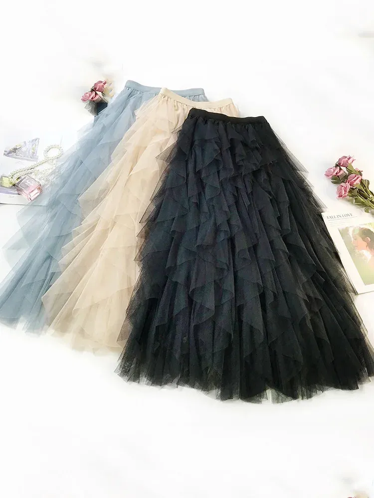 Модная тюлевая юбка-пачка женская длинная макси весна-лето корейская черная розовая с высокой талией плиссированная женская 240112