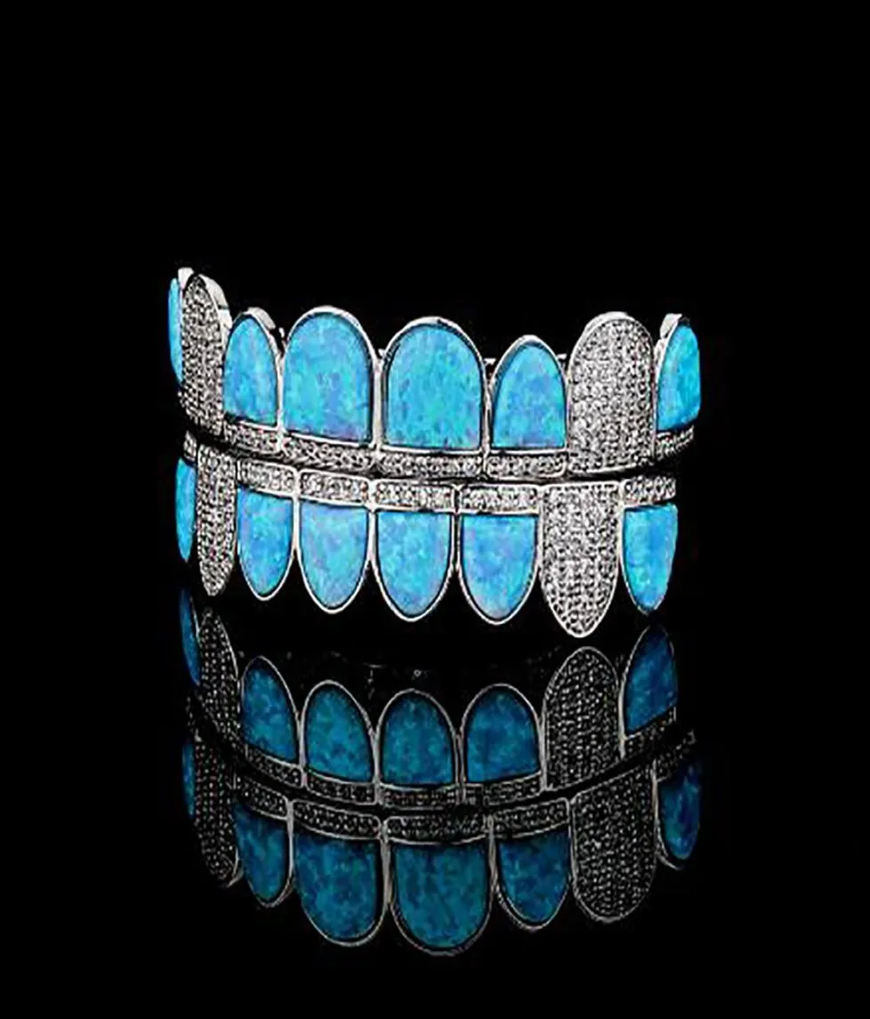 14K Altın CZ Vampir Dişleri Grillz Buzlu Out Micro Pave Kübik Zirkon Mavi Opal 8 Diş Hip Hop Izgara Üst Alt Ağız Grillzs Set Wit9972578