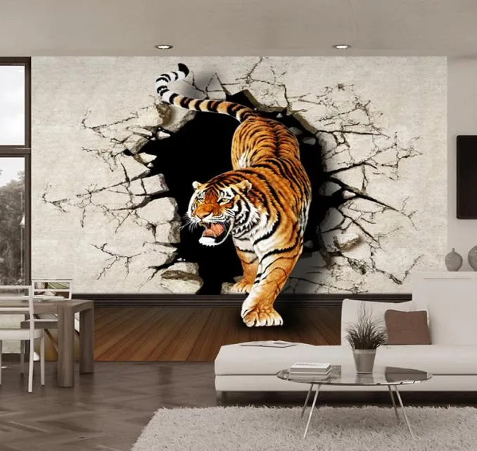 3d estéreo realista tigre parede quebrada po mural papel de parede sala de estar sala de jantar moderna personalidade decoração não tecido papéis de parede 6615475