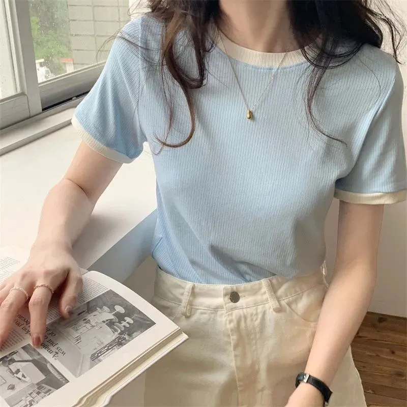 Koszule damskie moda o szyję dzianina biała niebieska czarna plon kobienia letnia swoboda koszula podstawowa streetwear krótkie rękawy ubrania