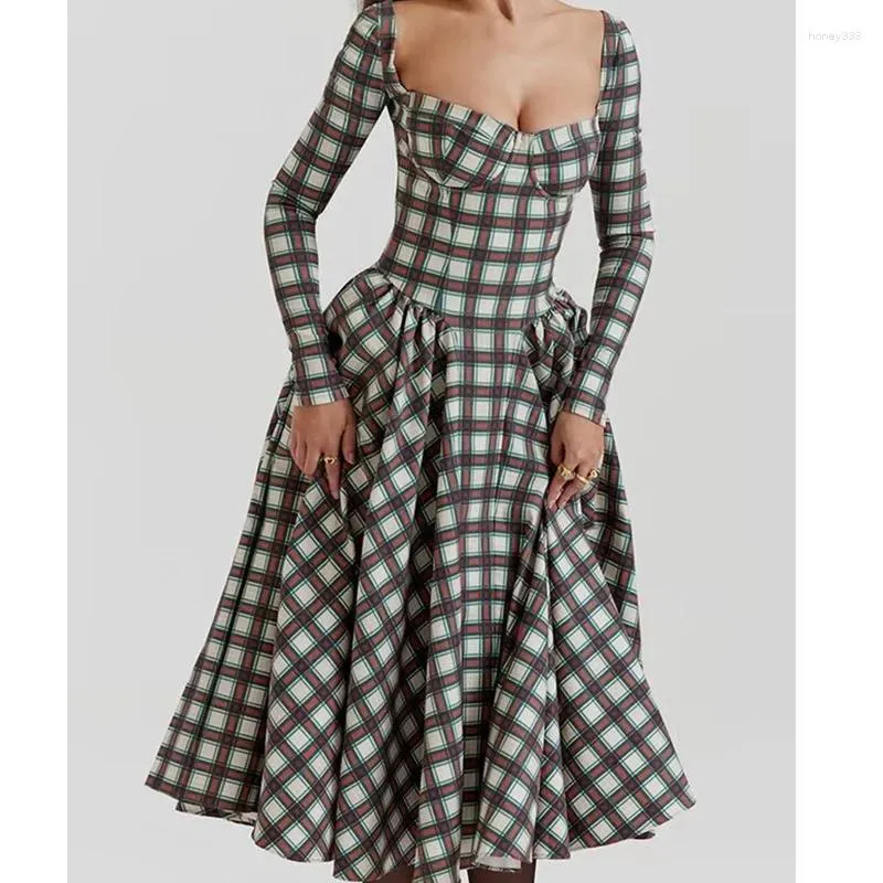 Casual Dresses Spring 2024 Women Contrast Color Plaid Sexy Elegant Party Dress Long Sleeve Ladies Vintage Robe Midi