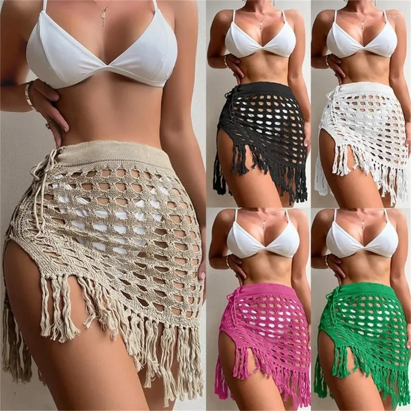 Maillots de bain pour femmes Femmes Crochet Maillot de bain Cover Up Hollow-Out Tricot Résille Glands See-Through Beach Sexy Mini Jupe Split Sarong 10CF