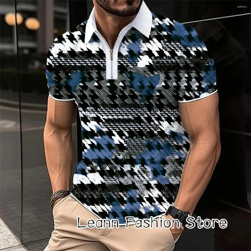 Polos pour hommes Été Hommes À La Mode Plaid Imprimer Polo Mâle À Manches Courtes Vêtements Tops T-shirts Casual Zipper Col À Revers T-shirt