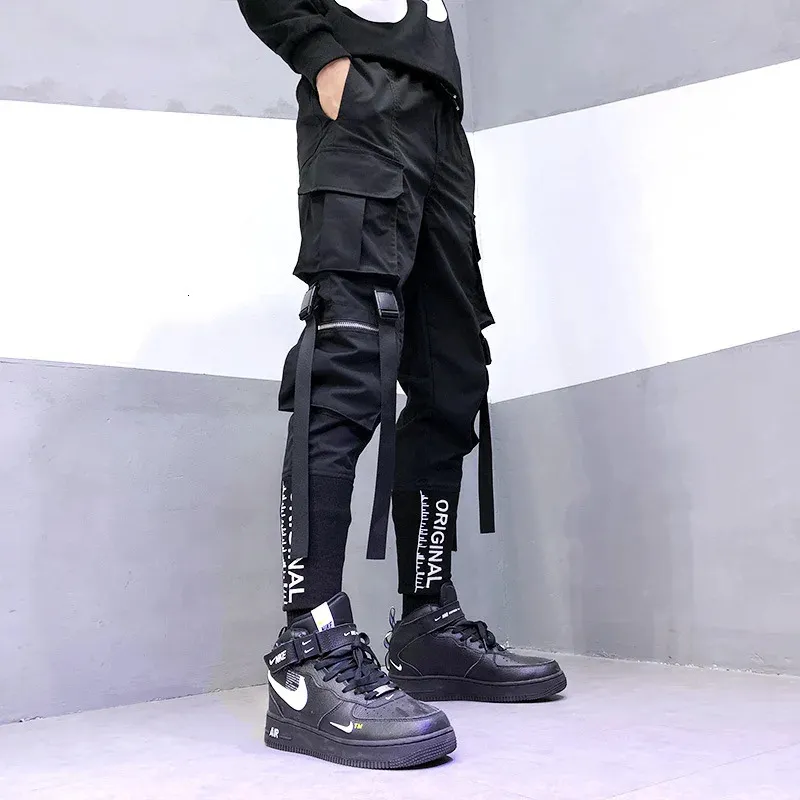 Stylish Japanese Fashion Harajuku Hip Hop Men Pants Streetwear Cargo Pants for Men Ribbon Pockets Joggers Techwear Male Trousers 240111