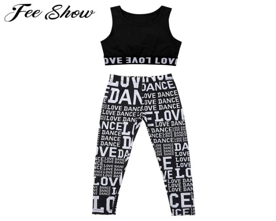 Girls Ballet Dance Gymnastics Leotard Gym Workout Athletic Outfit Letter Tryckt ärmlösa Oneck Tanks Crop Top med Leggings6921766