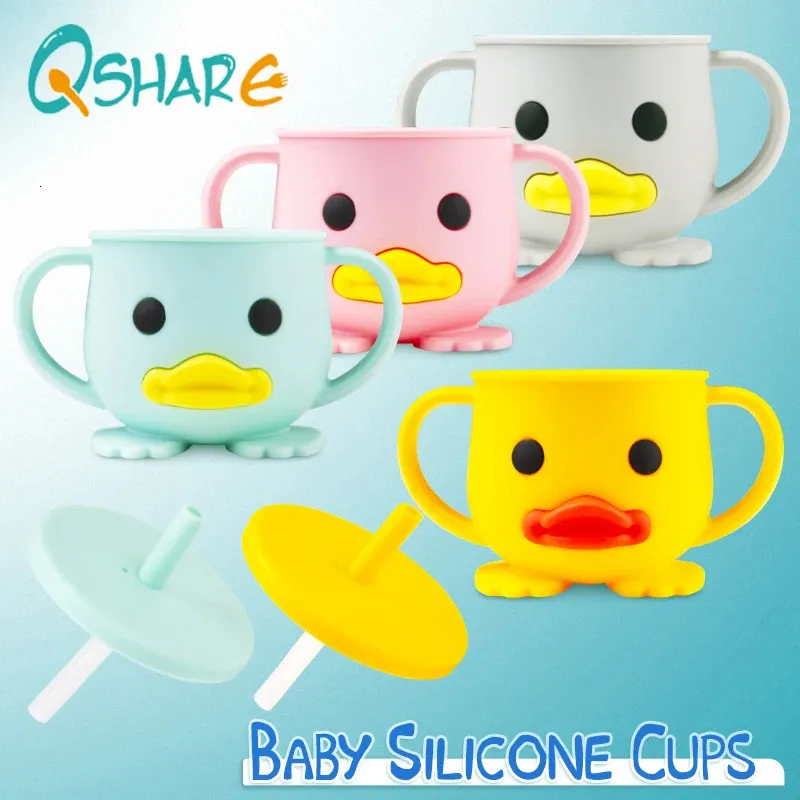 Qshare Baby Silikon Feeding Cups Dzieci Uczenie się picia kubków słomy przenośne dla małych dzieci woda z pokrywką 240111
