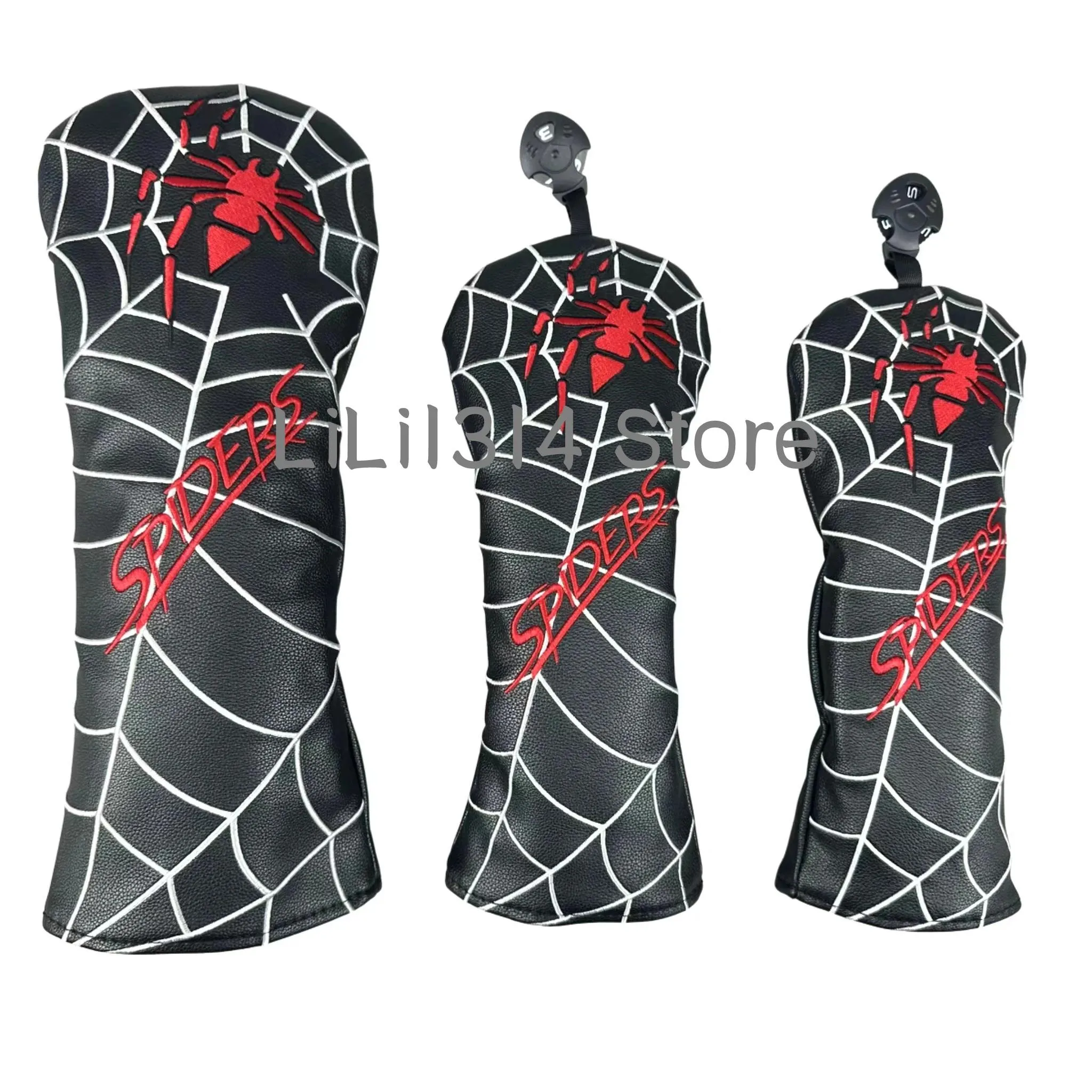 Tees White/Red/Black PU Leather With Spider Brodery Wood Head Cover Golf Club Driver Fairway Wood FW Hybrid Head Cover