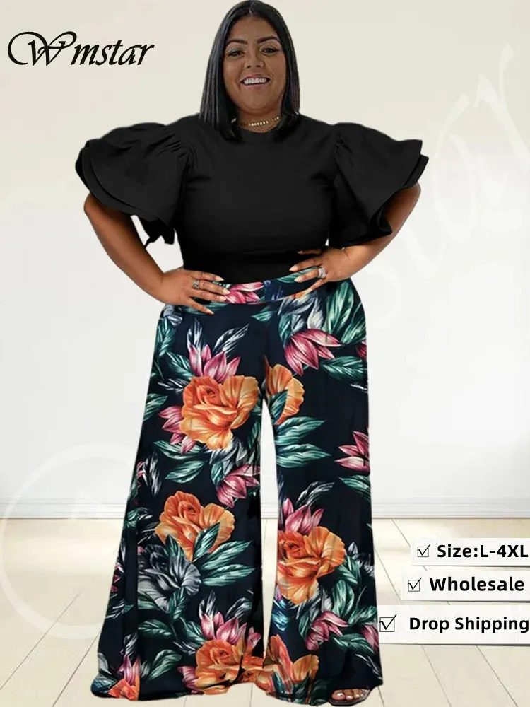 Wmstar Plus Size Two Piece Set Women 2023 Solid Shirts Tops and Print Pants Pockets Wide Leg Fashion Matching Suit Drop 240111