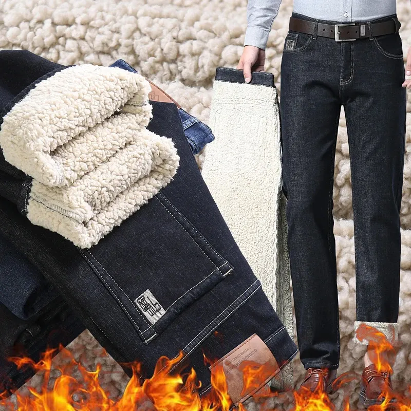 Vinter varm fleece jeans män rak stretch tjock avslappnad termisk denim byxor manliga affärsarbeten byxor kläder 240112