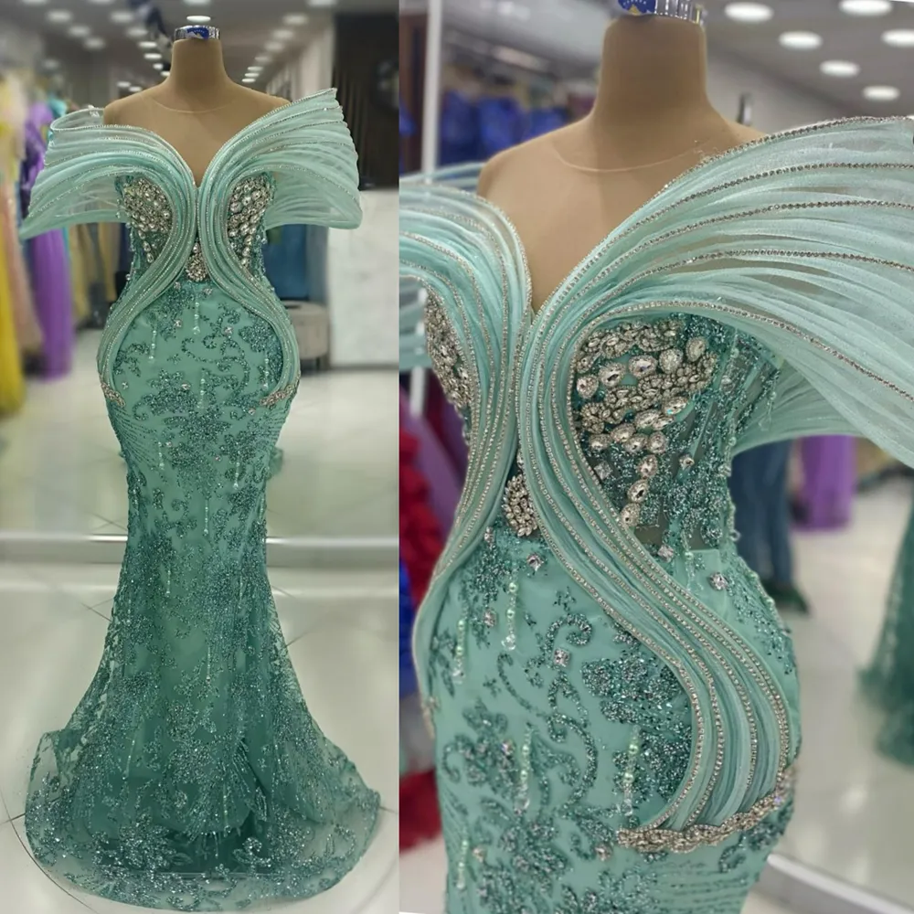 Mint Aso Ebi Sukienki na studniówkę dla czarnych kobiet koronka Sheer szyi Mermaid Forma Formalna suknia wieczorowa sukienka urodzinowa Druga suknie przyjęcia Vestido de Sorrie ST791