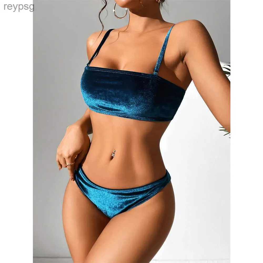 Women's Swimwear Velvet Bikinis Set 2023 Women Brazilian Bandeau Swimsuit Solid Sexy Female Beachwear Bathers Bathing Swimming Swim Suit YQ240112