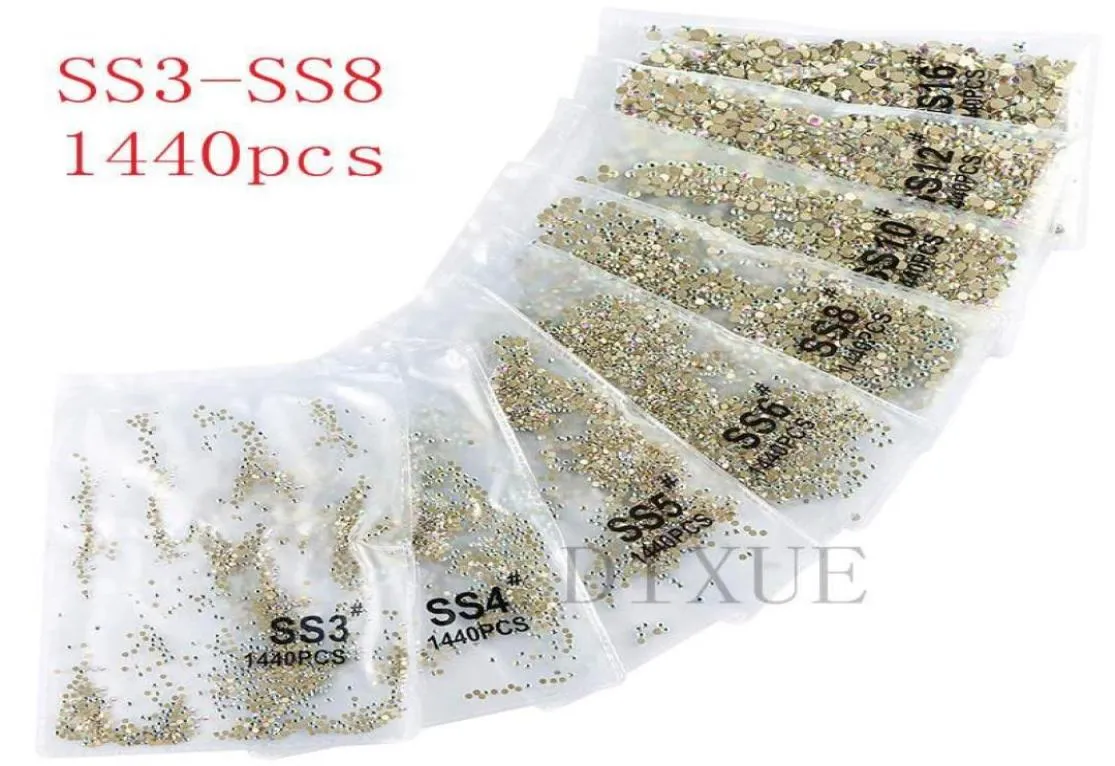 SS3ss8 1440 Stück klarer Kristall AB Gold Flack 3D Non Fix FlatBack Nail Art Dekorationen Strasssteine für Kleidung 07312830424