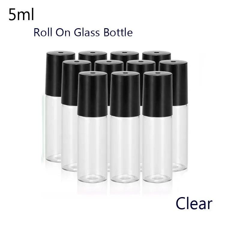 wholesale Portable 50pcs / lot 5 ml (1/6 oz) MINI ROLL ON bouteille de parfum BOUTEILLES EN VERRE DE PARFUM HUILE ESSENTIELLE Bille roulante en métal en acier (clair) LL