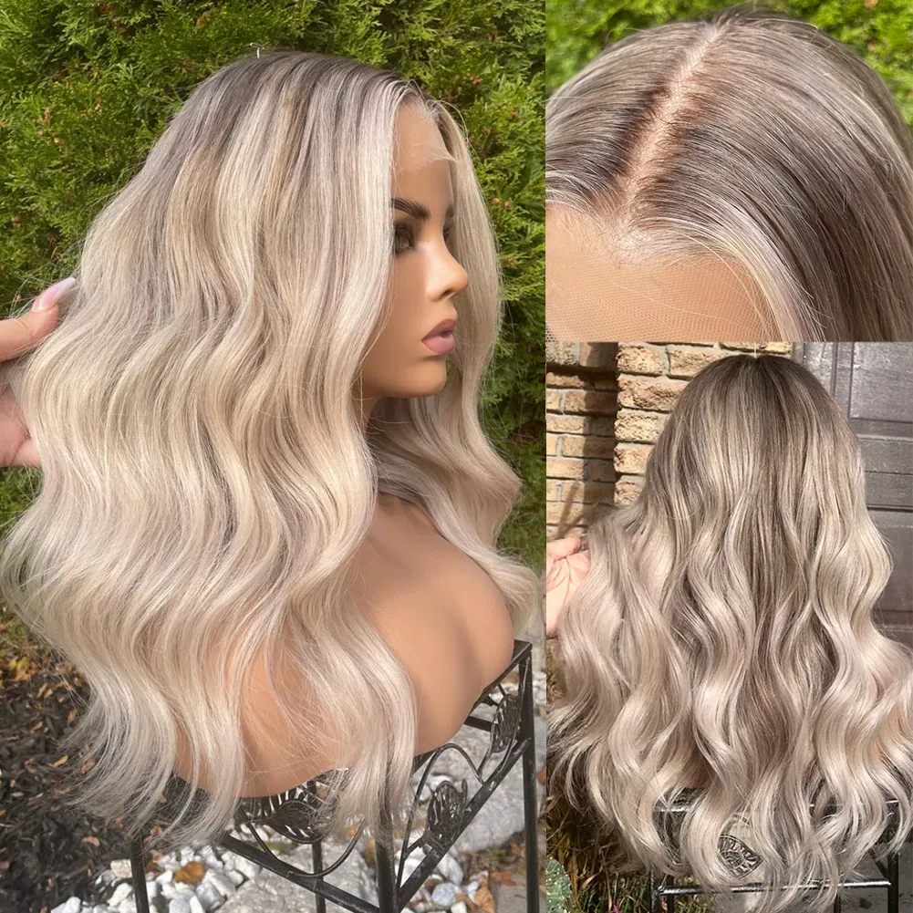 180density 하이라이트 Ash Blonde Root Human Hair 40inches Water Wave Front Hd Invisible Full Lace Synthetic Wig