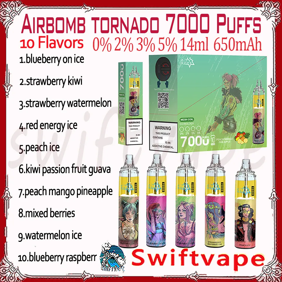 Airbomb Tornado 7000 Puff Disposable E Cigarett 10 Flavors 0% 2% 3% 5% 14 ML POD Laddningsbart batteri 650mAh 7K Puffs Vape Pen Kit Snabb leverans Partihandel