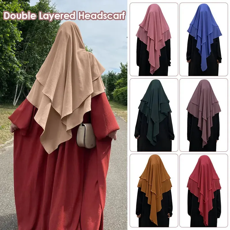 Muslim Women Two Layer Hijab Scarf Shawl Wrap Ramadan Chiffon Headscarf Middle East Dubai Turkey Solid Color Abaya 240111