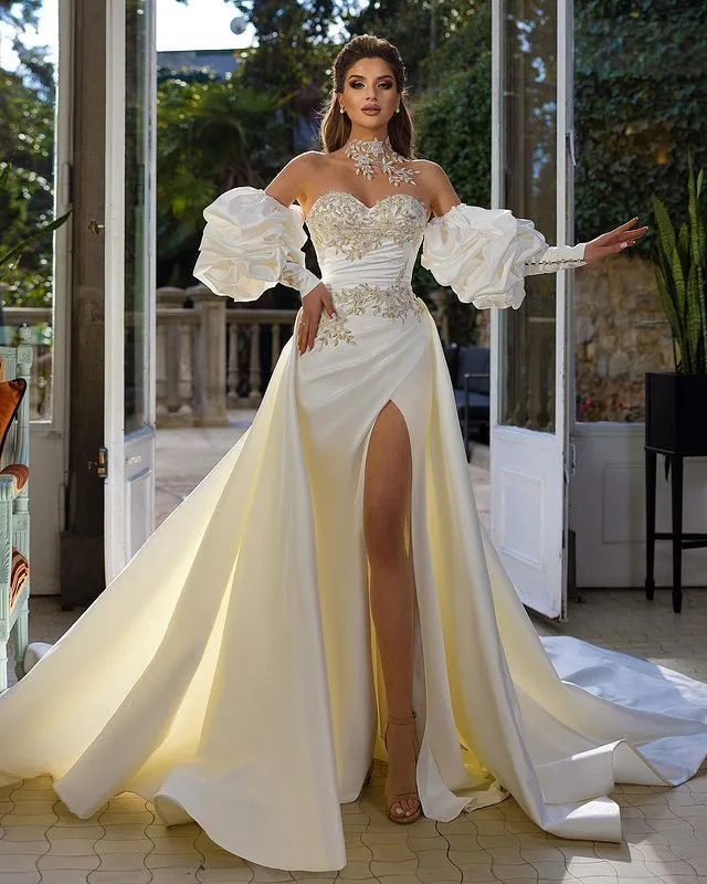 2024 Robes de mariée sirène vintage sexy col haut dentelle appliques cristal illusion 3D jupes florales train détachable grande taille robes de mariée côté fendu
