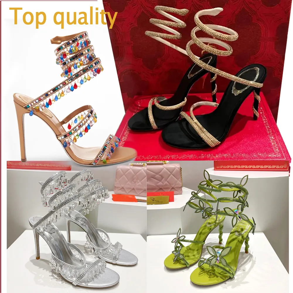 Nyaste kristaller utsmyckade strass klackar sandaler orm stilett klackar rene caovilla lyxdesigners ankel wraparound women high klackade sandal kvällskor