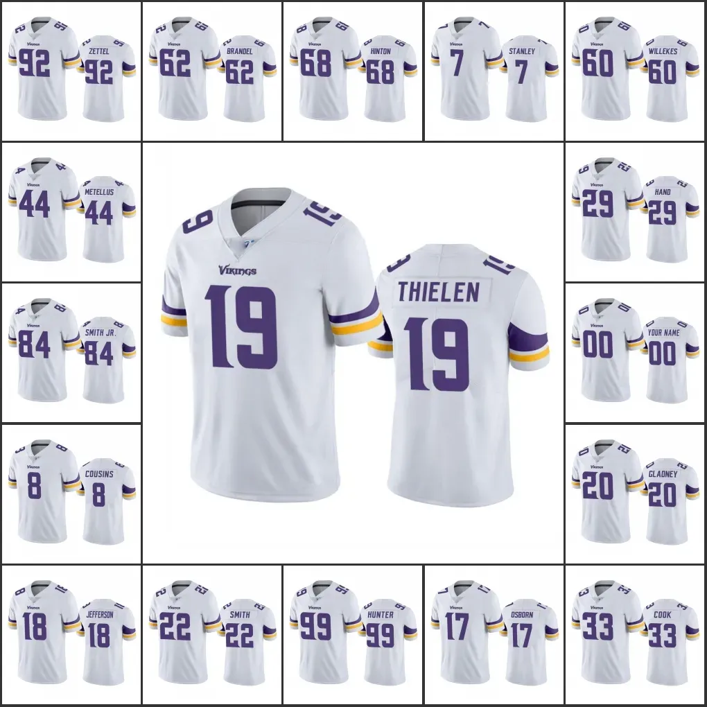 Minnesotavikingsmen 18 Justin Jefferson 8 Kirk Cousins ​​19 Adam Thielen 22 Smith Custom Women Youth Limited Football Jersey