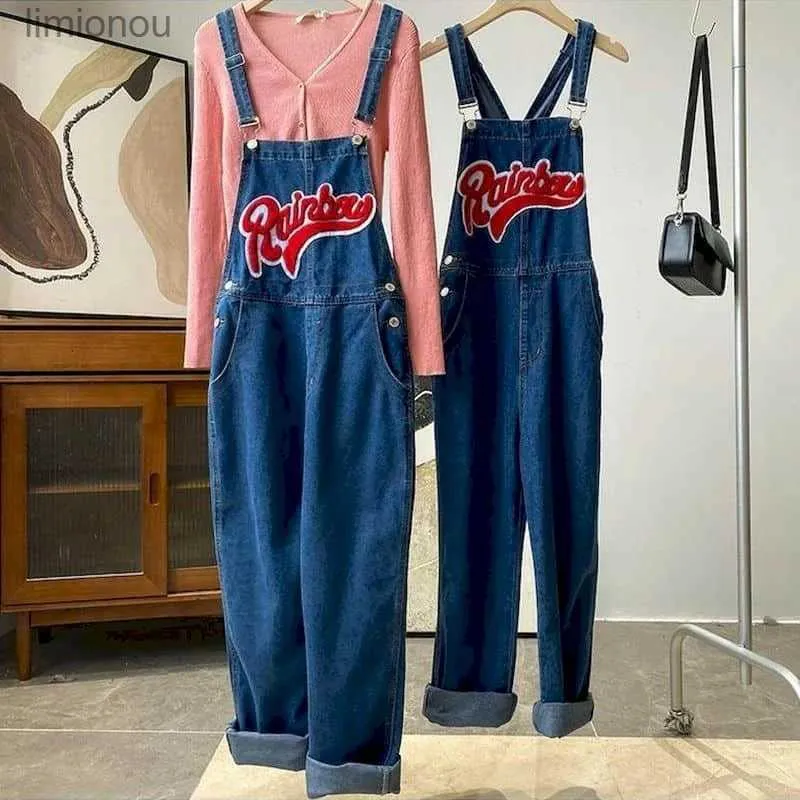 Women's Jumpsuits Rompers Denim Jumpsuits for Women Solid Straight Pants Korean Style Vintage One Piece Outfit Women Loose Casual Rompers Women ClothesL240111